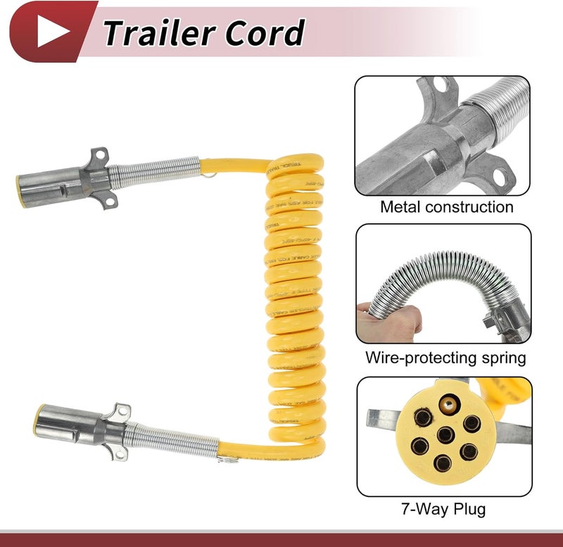 HEROFFIX 7 Way Coiled Electrical Power Trailer Cord Wire Male Plug Trailer Extension Cable for Semi Trucks Tractors 15 Feet Yellow Zinc Alloy - Image 4